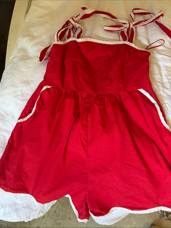 Day + Moon Pants - Red Tie-Shoulder Romper with White Trim - Women